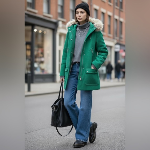 J. Crew Chateau Parka Italian Wool Stadium Cloth Faux Fur Hooded Coat Green Sz 4 - Picture 2 of 16